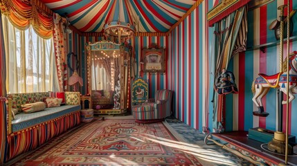 Obraz premium A vintage circus tent guest room with circus-themed decor, striped walls, whimsical circus acts mural, and a vintage carousel for a whimsical and nostalgic circus-inspired stay.