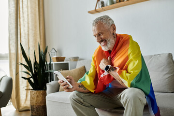 A mature gay man with grey hair and tattoos smiles while holding a pride flag. He is sitting on a...