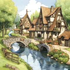 Idyllic Village on a Riverbank with Traditional Houses and a Bridge