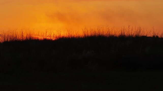 Tramonto con il sole rosso fuoco in controluce.
Silhouette della collina con il sole al tramonto.