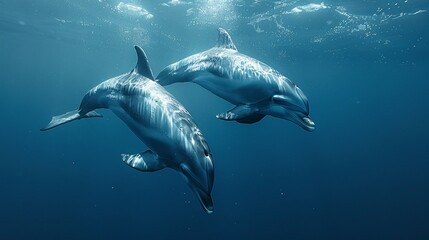 Fototapeta premium Two dolphins swimming underwater.