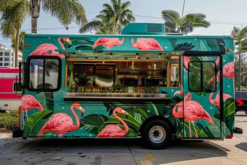 Obraz premium A green food truck decorated with pink flamingos in a tropical theme, A tropical-themed food truck complete with palm leaves and flamingo motifs