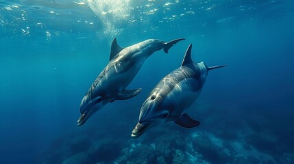 Two dolphins swimming underwater.