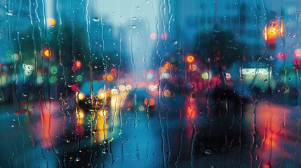 Fototapeta premium Rain-splattered window with city lights in a blur
