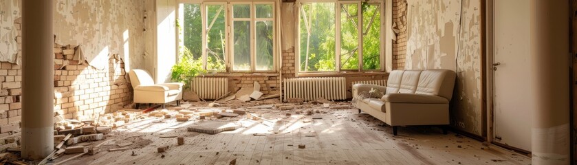 Abandoned room with peeling wallpaper and old furniture, exposed to natural sunlight through large windows, showing decay and neglect.