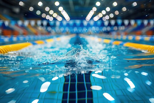 Dynamic Underwater Shot of Competitive Swimming Pool with Splash and Lane Dividers
