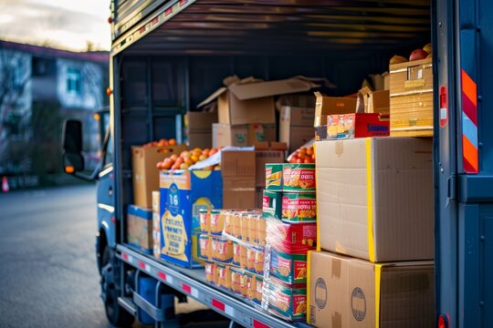 The back of a truck is loaded with boxes of food ready for delivery, A truck loaded with food boxes ready to be delivered to families in need