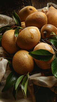 Close-up of a heap of fresh and juicy sapodilla, adorned with garland juice and illuminated by natural light, showcasing their rich details in high-resolution photography
