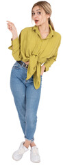 Point index finger aside, full body young smiling excited woman pointing index finger aside to copy...