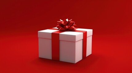 Obraz premium A beautifully wrapped gift box with a ribbon on a solid red background.