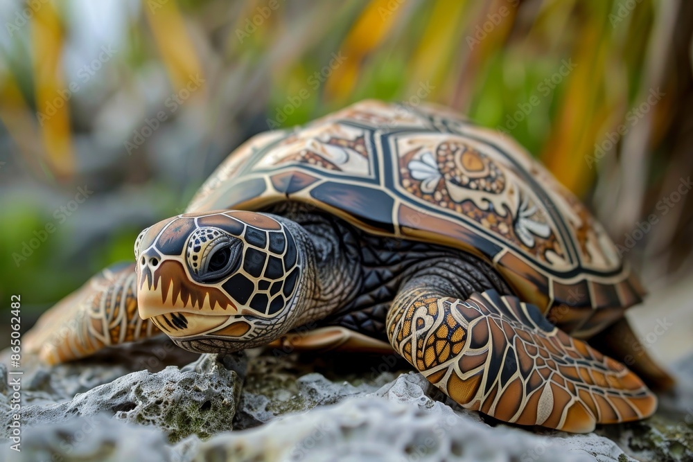 Poster close up of a turtle with intricate shell design resting on a rock, a turtle with a shell adorned wi