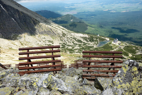 Avalanche barrier on the top of the mountain in the High Tatras in the summer season