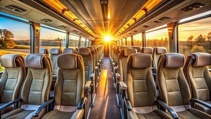 Warm golden sunrise light illuminates empty plush seats and shiny handrails of a modern tourist bus interior.