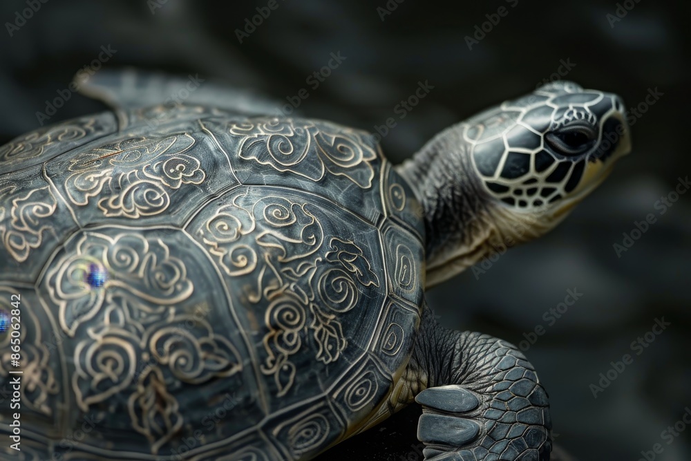 Poster close-up of a turtle with intricate patterns resting on a rock in its natural habitat, a turtle with