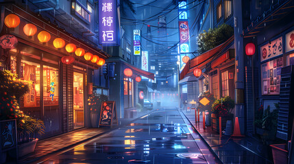 cartoon and anime style night town background,generative ai