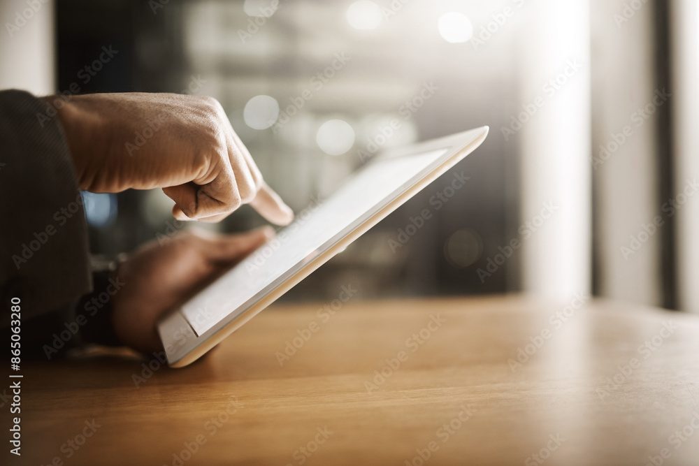 Poster hands, business person and tablet screen for communication, networking and connection. employee, int
