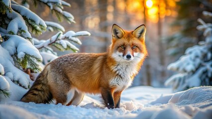 A solitary red fox with thick bushy tail and piercing yellow eyes explores a snowy winter forest landscape morning.