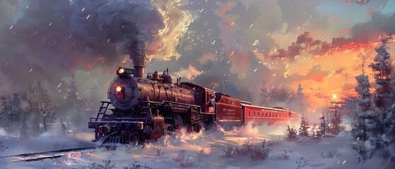 Digital painting of a steam locomotive in the winter