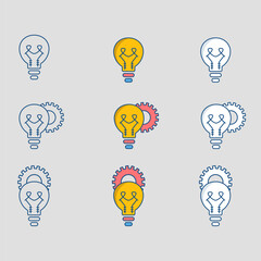 light bulb Icons Set flat lines, white background, colored background.