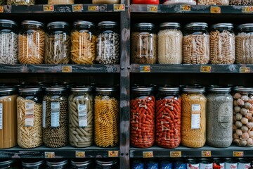 A shelf filled with an assortment of canned goods and dry pasta neatly organized in rows, A variety of canned goods and dry pasta neatly organized on shelves
