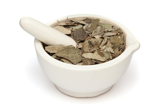 Close-up of Dry Organic Moringa (Moringa oleifera) leaves, in white ceramic mortar and pestle, isolated on a white background.