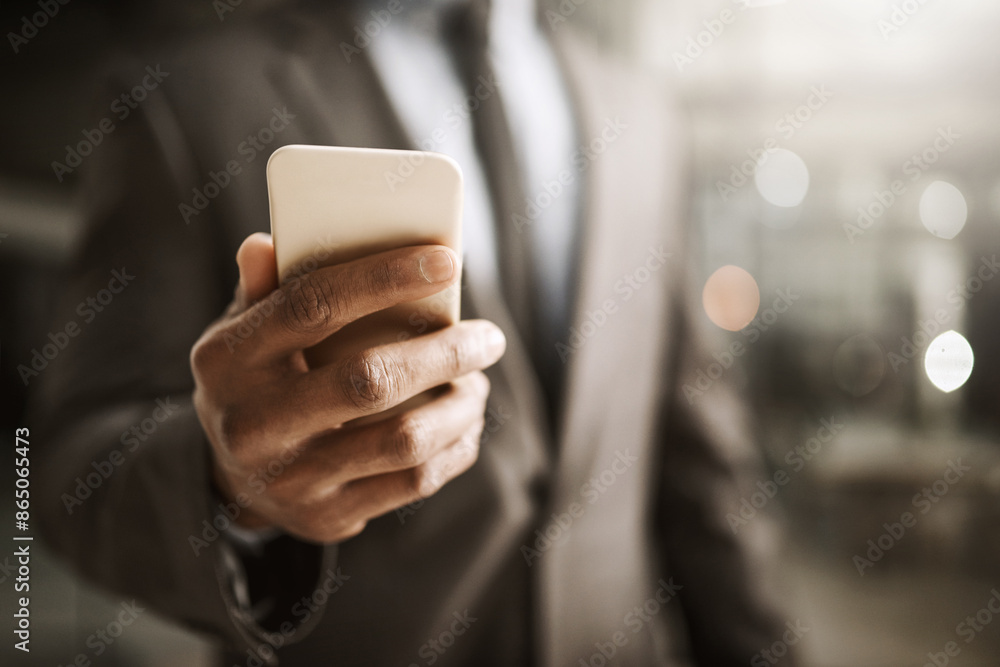 Poster hands, businessman and smartphone in office for communication, networking and connection. person, in