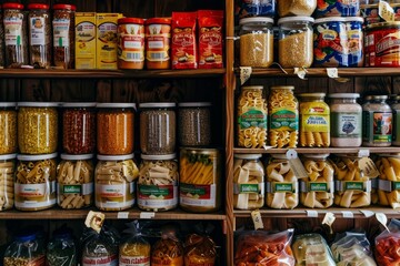 A shelf display filled with canned goods and dry pasta of different varieties and brands, A variety of canned goods and dry pasta neatly organized on shelves