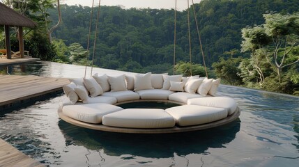 A round daybed hangs over crystal-clear turquoise water, offering a serene escape with breathtaking views of a tropical island