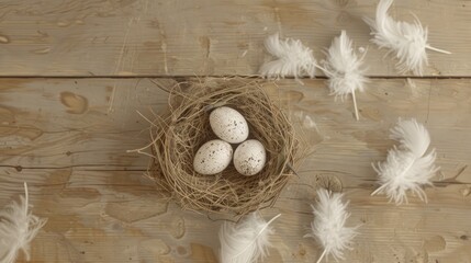 Three speckled eggs rest in a nest with feathers on a weathered wooden background