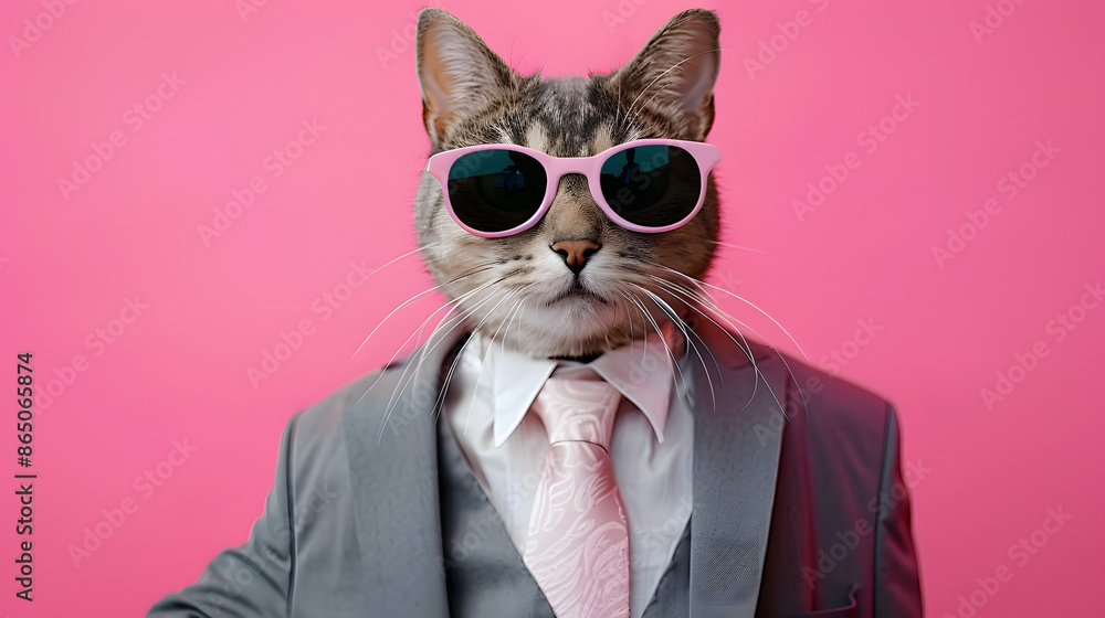 Sticker a cat is wearing sunglasses and suit on pink background.