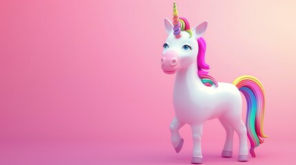 A cute animated unicorn with a rainbow mane on a solid pink background.