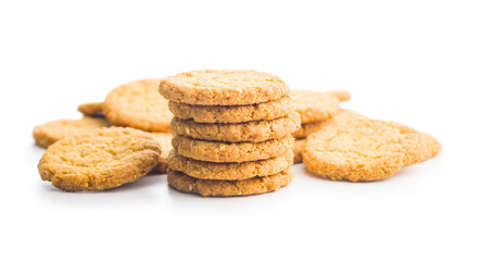 Tasty oatmeal cookies isolated on white background.