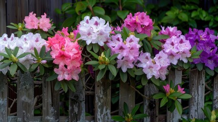 Fototapeta premium A close-up shot of vibrant pink, purple, and white rhododendrons blooming in abundance along a weathered wooden fence in springtime