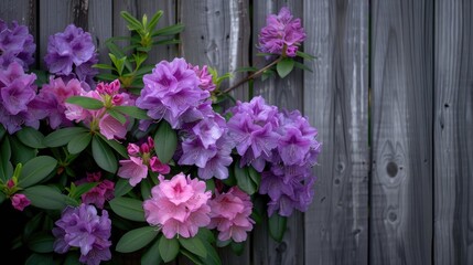 Fototapeta premium A close-up shot of vibrant pink, purple, and white rhododendrons blooming in abundance along a weathered wooden fence in springtime