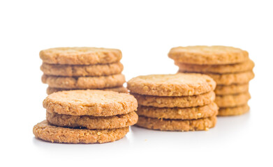 Tasty oatmeal cookies isolated on white background.