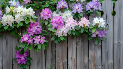 Fototapeta premium A close-up shot of vibrant pink, purple, and white rhododendrons blooming in abundance along a weathered wooden fence in springtime