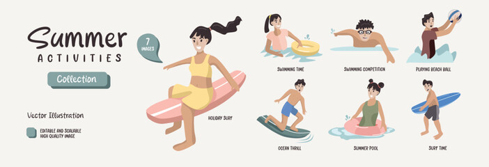 Summer Activities. People do activities in the summer time. people swimming. Girl surfing. Boy surfing. People pn the beach.