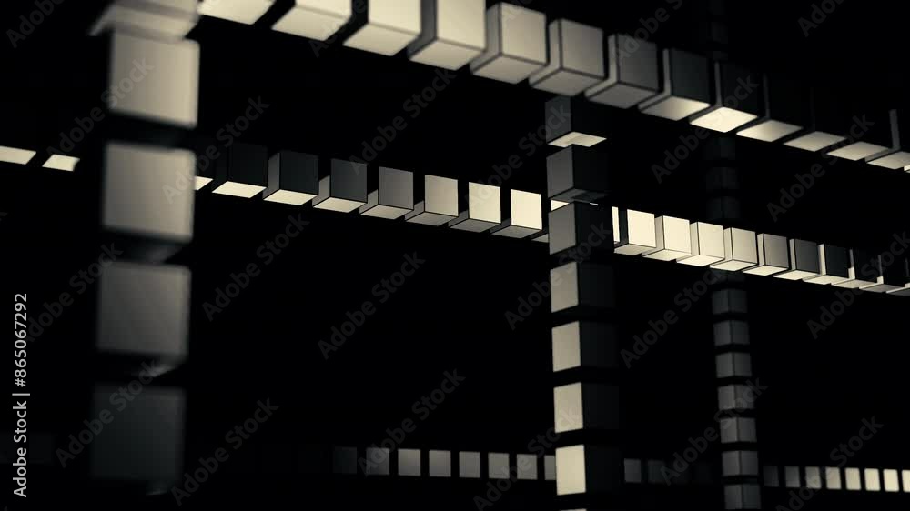 Poster geometric pattern with cubes in rows on a black background. design. 3d figures flowing in dark space