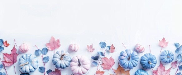 Obraz premium Blue and Pink Pumpkins with Colorful Leaves on White Background