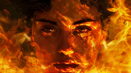 A feminine look full of intensity, surrounded by pulsating orange flames, creating the impression of strength and determination in the face of a dramatic situation.