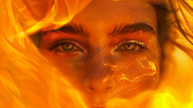 A feminine look full of intensity, surrounded by pulsating orange flames, creating the impression of strength and determination in the face of a dramatic situation.