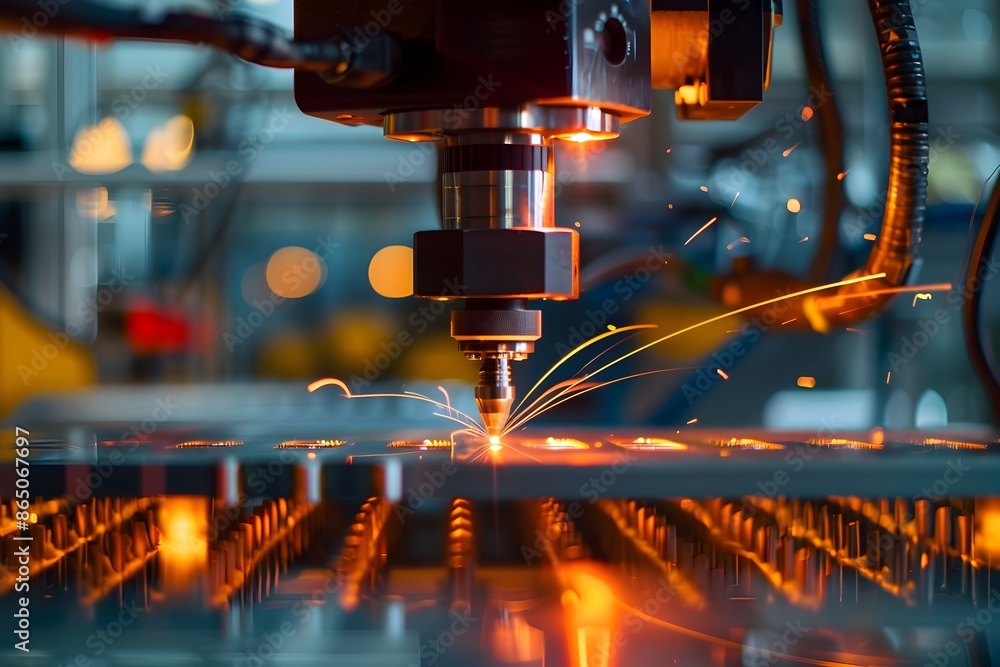 Poster close up of laser tapping machine working in smart factory industry 4 0 automation