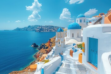 Obraz premium A romantic Greek island with white-washed buildings, blue domed roofs, and a stunning view of the Aegean Sea