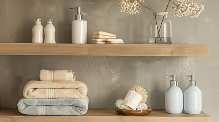 Wooden shelves with elegant bathroom accessories and towels, in a modern style, creating a spacious arrangement that impresses with its simplicity and functionality.