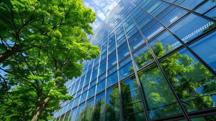 The facade of a corporate office building made of glass and steel elements, integrated into the surroundings of green trees on the street, which adds elegance and natural beauty to the city landscape.