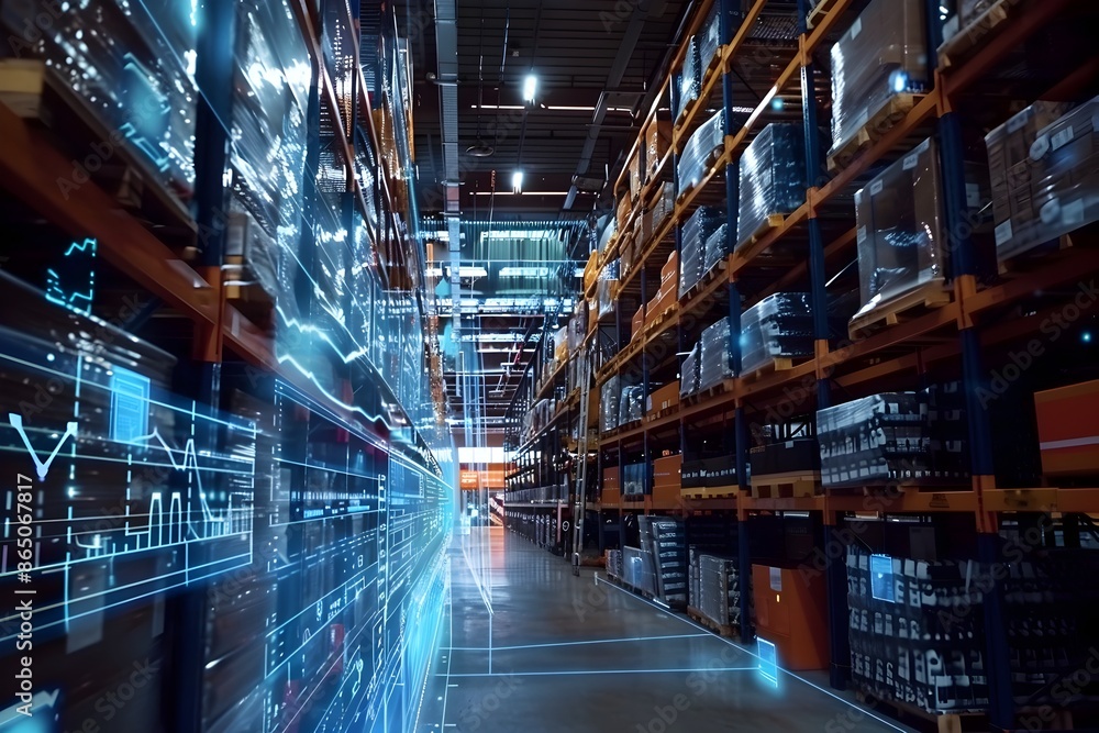 Poster futuristic warehouse with digitalized industry 4 0 processes and visualization of data analytics