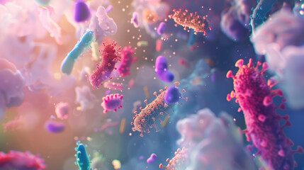 Fototapeta premium Gut bacteria or microbiota, showing the variety of microscopic organisms in our digestive tract that play a key role in health and digestion.