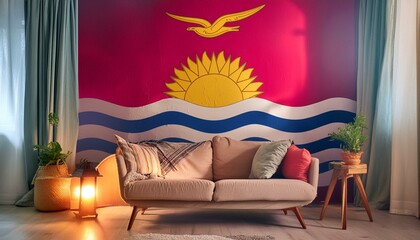 The flag of Kiribati hangs in the living room at home. The flag is in house.