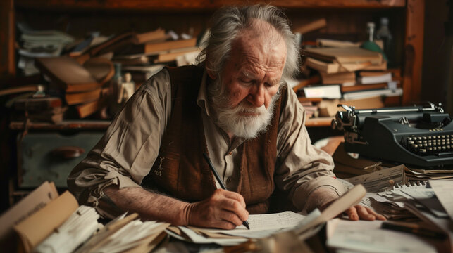An elderly man with a beard, writing among a pile of papers, with a typewriter set to the side, reflects the old-fashioned method of creating a literary work.
