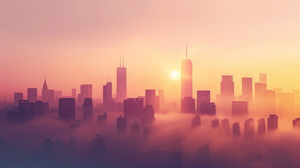 Fototapeta premium A quiet and peaceful cityscape shrouded in fog at sunrise, showing the silhouettes of skyscrapers and buildings in the glow of the morning light.